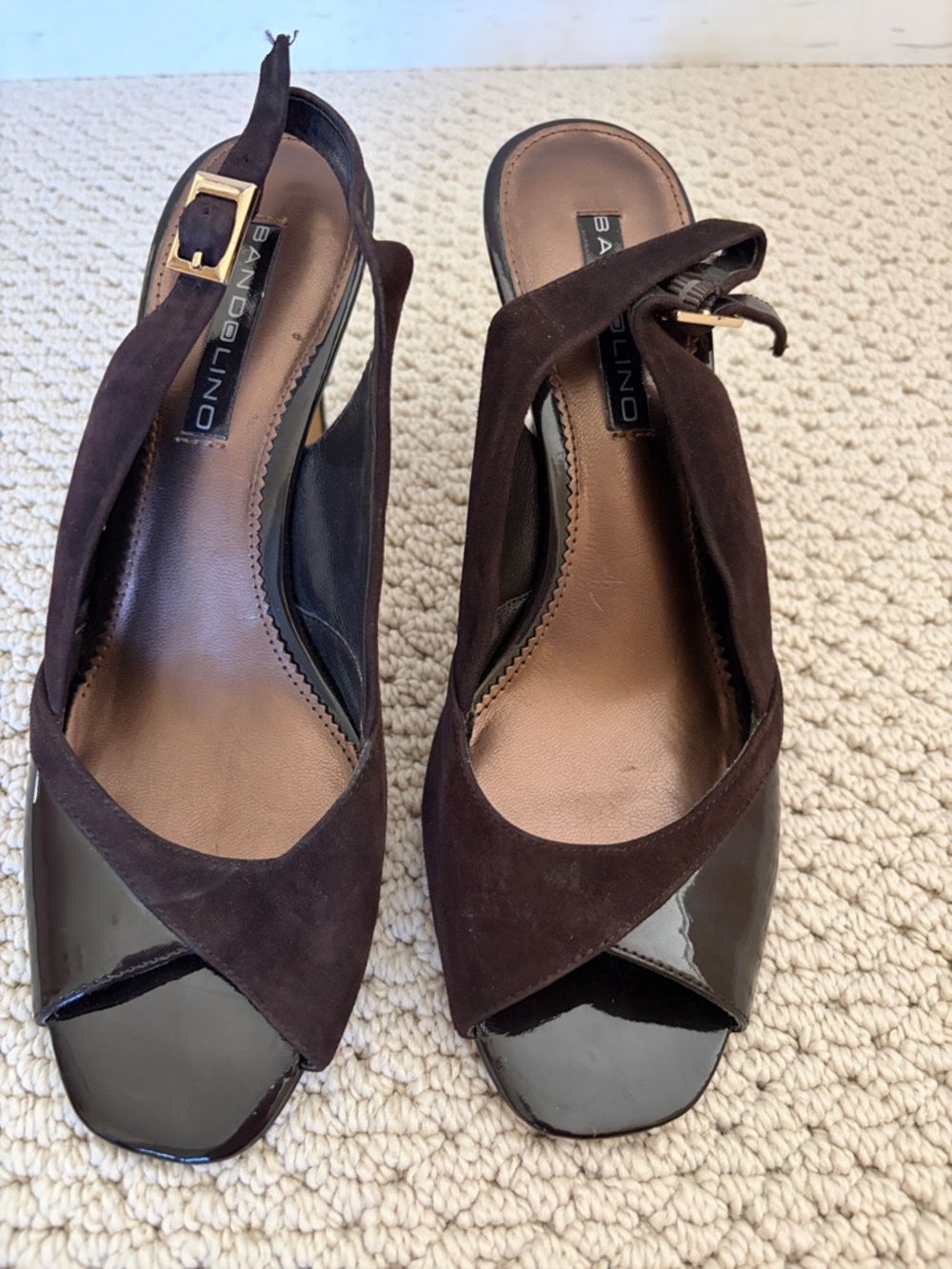 Bandolino Dark Brown Suede & Patent Slingback Heels